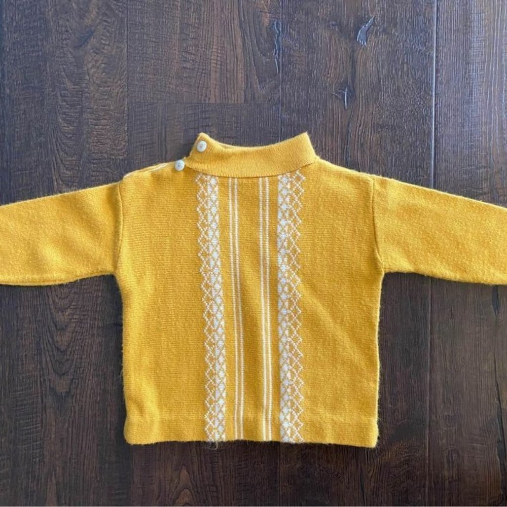 Vintage 1950s Yellow Knit Baby Boy Sweater with White Diamond Pattern and Stripe